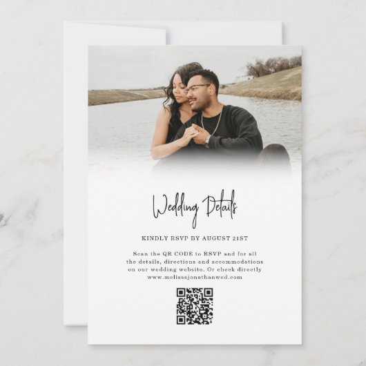 Elegant minimalistisch script 2 foto QR code bruil Kaart (Achterkant)