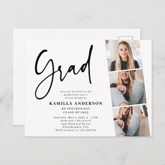 Elegant minimalistisch script 3 Foto Afstuderen Uitnodiging Briefkaart (Voorkant / Achterkant)
