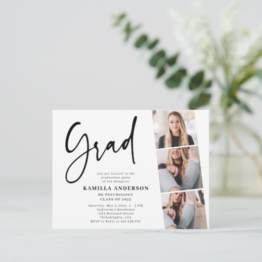 Elegant minimalistisch script 3 Foto Afstuderen Uitnodiging Briefkaart (Staand voorkant)
