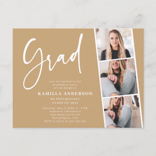 Elegant minimalistisch script 3 Foto Afstuderen |  Uitnodiging Briefkaart (Voorkant)