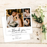 Elegant minimalistisch script 3 Photo Collage Wedd Bedankkaart<br><div class="desc">Eenvoudig minimalistisch legant script 3 Foto Collage op maat gemaakte bruiloft - Hartelijk dank. Stijlvolle bruiloft bedankt je sjabloon met drie (3) foto op de voorkant (foto-collage op het raster) en één foto op de achterkant. Met de tekst "Dank u" in een zwiepige handgeschreven typografische swash-tail doopvont in zwart op...</div>