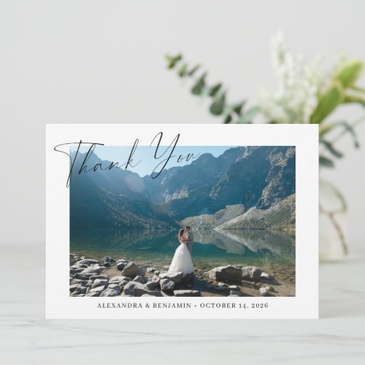 Elegant minimalistisch script aangepaste bruiloft  bedankkaart (Staand voorkant)
