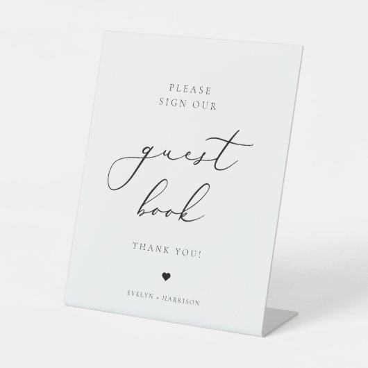 Elegant minimalistisch script bruiloft gastenboek reclamebord met voetstuk (Voorkant)