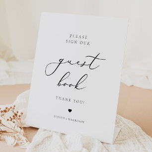 Elegant minimalistisch script bruiloft gastenboek reclamebord met voetstuk