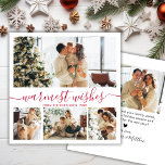 Elegant minimalistisch script foto's met kerstbekl feestdagenkaart<br><div class="desc">Elegant Calligraphy Minimalist Red en White 4 Photo Collage "Warmest Wishes" Script Kerstfeestdag kaart. Deze festieve, imitalistische, grillige sjabloon met vier (4) fotovakantiekaarten is voorzien van een fotocollage en zegt "Warmste wensen". De tekst is geschreven in een prachtig handgeschreven cursief, donkerachtig swash-tail lettertype. Aan de achterkant met de sjabloon van...</div>