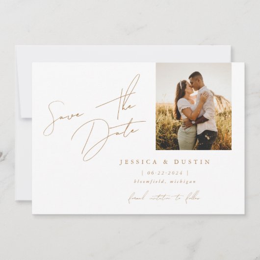 Elegant Minimalistisch Script Gold bewaart de datu Save The Date (Voorkant)