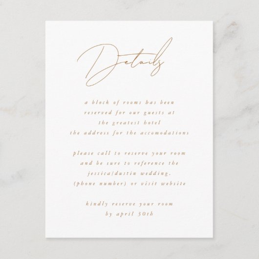 Elegant Minimalistisch script Gold Wedding Details Informatiekaartje (Voorkant)