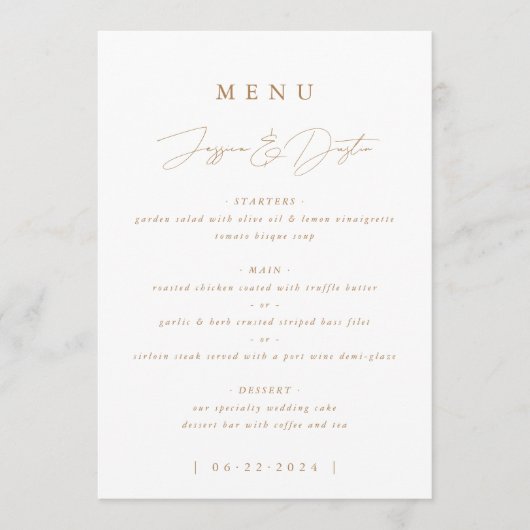 Elegant minimalistisch script Gold Wedding Menu (Voorkant)