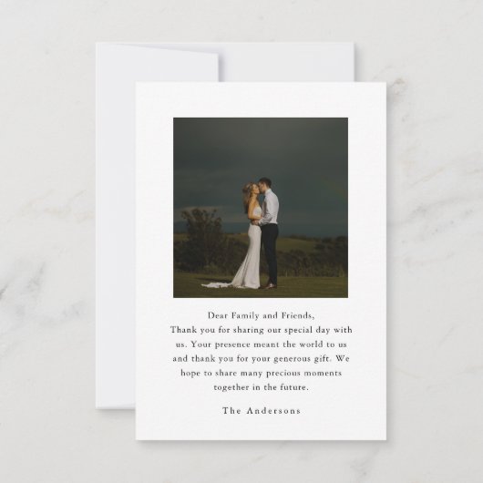 Elegant minimalistisch script hart bruiloft foto bedankkaart (Achterkant)