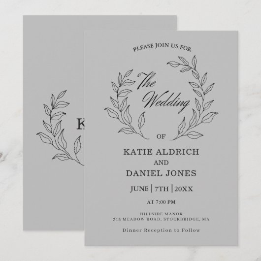 Elegant minimalistisch script Leaf Wedding Light G Kaart (Voorkant / Achterkant)