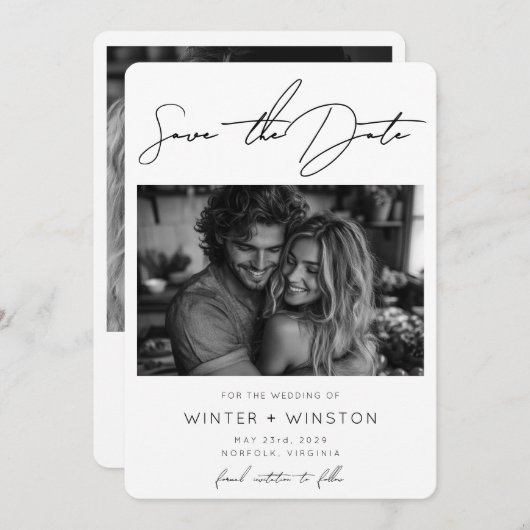 Elegant minimalistisch script twee foto's save the date (Voorkant / Achterkant)