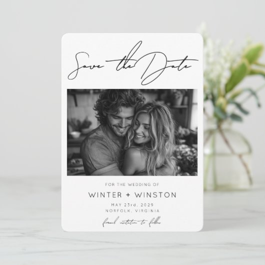 Elegant minimalistisch script twee foto's save the date (Staand voorkant)