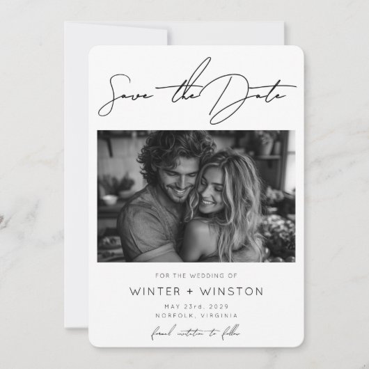 Elegant minimalistisch script twee foto's save the date (Voorkant)