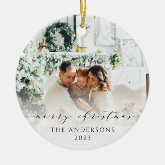 Elegant minimalistisch script Vrolijk Kerstmis Fot Keramisch Ornament (Voorkant)