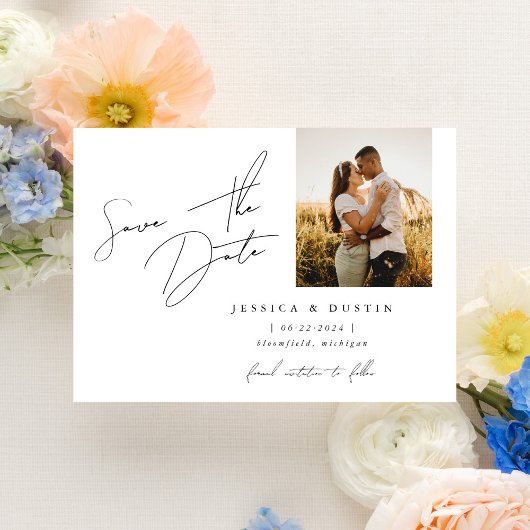 Elegant minimalistisch script zwart-wit save the date