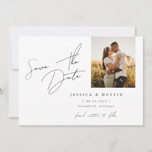 Elegant minimalistisch script zwart-wit save the date (Voorkant)