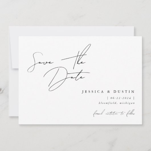 Elegant minimalistisch script zwart-wit save the date (Voorkant)