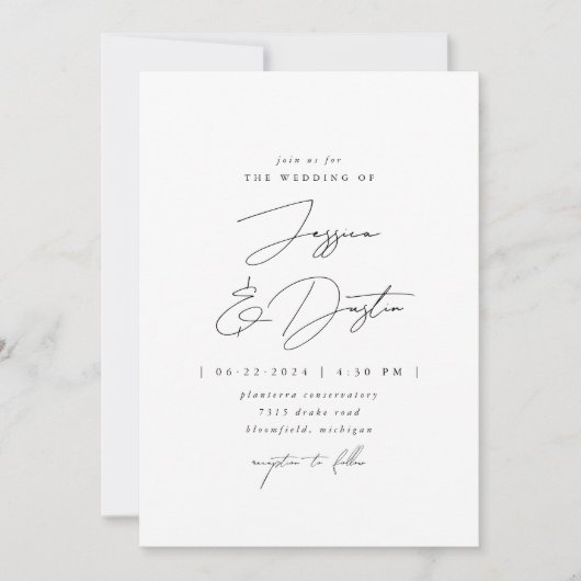 Elegant minimalistisch script zwart-witbruiloft kaart (Voorkant)