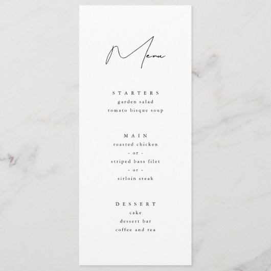 Elegant minimalistisch script zwart-witbruiloft menu (Voorkant)
