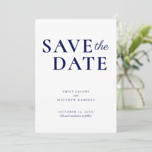 Elegant minimalistisch Traditionele Manuscript Blu Save The Date (Staand voorkant)