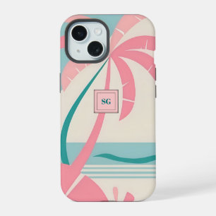 Elegant minimalistisch tropisch roze blauwgroen mo iPhone 15 case