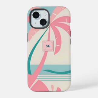 Elegant minimalistisch tropisch roze blauwgroen mo iPhone 15 case