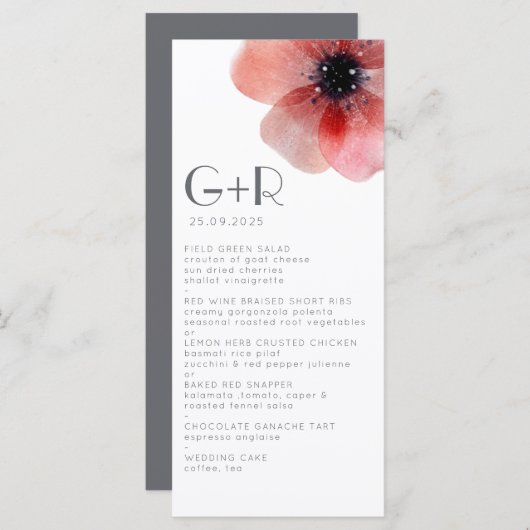 Elegant minimalistisch Waterverf Poppy Gray Weddin Menu (Voorkant / Achterkant)