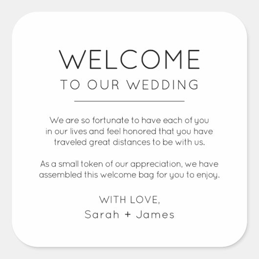 Elegant minimalistisch welkom in onze bruiloft vierkante sticker (Voorkant)