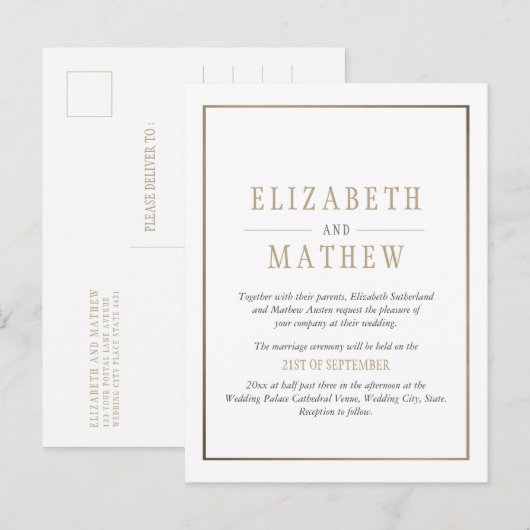 Elegant minimalistisch White Gold Wedding Uitnodiging Briefkaart (Voorkant / Achterkant)