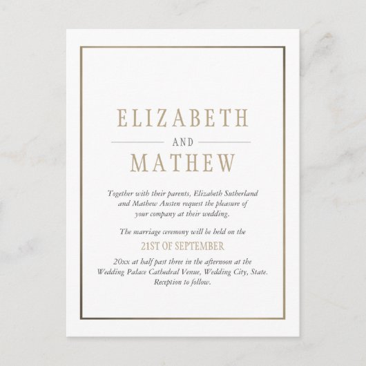 Elegant minimalistisch White Gold Wedding Uitnodiging Briefkaart (Voorkant)