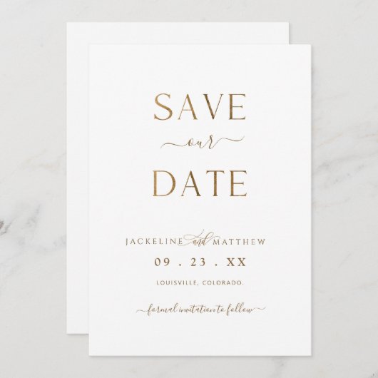 Elegant minimalistisch wit en goud, huwelijk save the date (Voorkant / Achterkant)