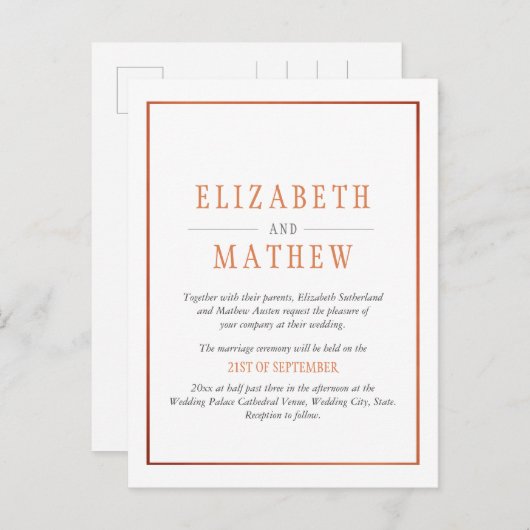 Elegant minimalistisch wit Sinaasappel koper bruil Uitnodiging Briefkaart (Voorkant / Achterkant)