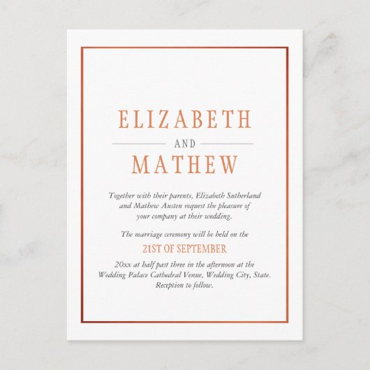 Elegant minimalistisch wit Sinaasappel koper bruil Uitnodiging Briefkaart (Voorkant)