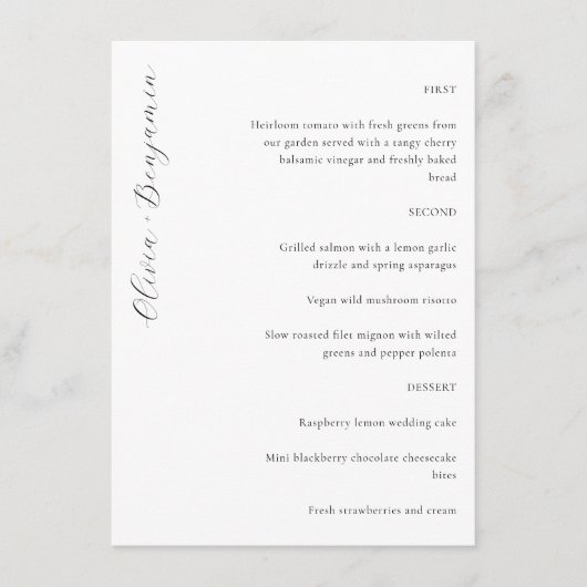Elegant minimalistisch witscript aangepaste bruilo menu (Voorkant)