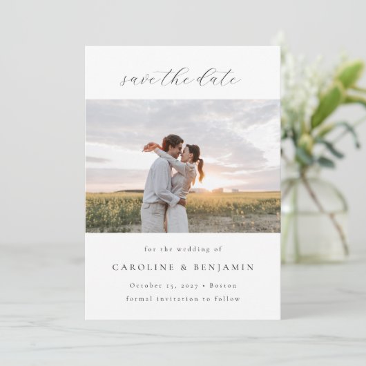 Elegant minimalistisch witscript bruiloft twee fot save the date (Staand voorkant)