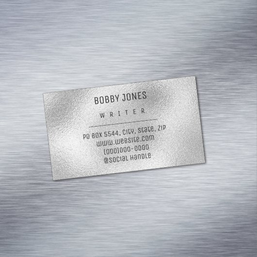 Elegant minimalistisch zilver metallic magnetisch visitekaartje (Voorbeeld)