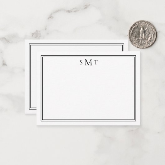 Elegant minimalistisch zwart drielettermonogram notitiekaartje (Voorkant / Achterkant in situ)