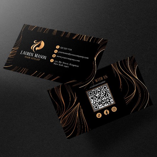 Elegant Minimalistisch Zwart Goud Haarstylist QR C Visitekaartje