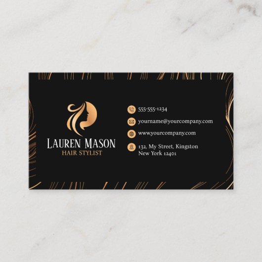 Elegant Minimalistisch Zwart Goud Haarstylist QR C Visitekaartje (Voorkant)