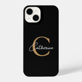 Elegant minimalistisch zwart-gouden script monogra iPhone 14 hoesje