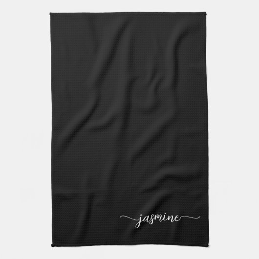 Elegant minimalistisch zwart monogram naamscript theedoek (Verticaal)