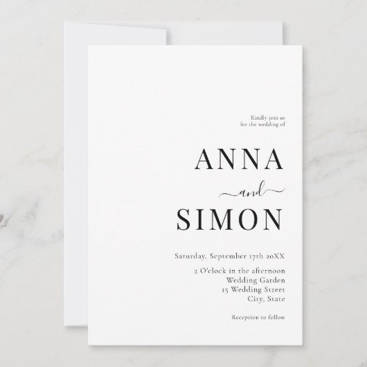 Elegant minimalistisch zwart wit All-in-One huweli Kaart (Voorkant)