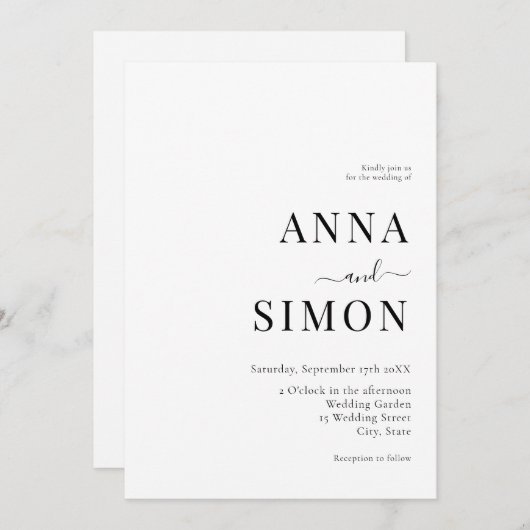 Elegant minimalistisch zwart wit All-in-One huweli Kaart (Voorkant / Achterkant)