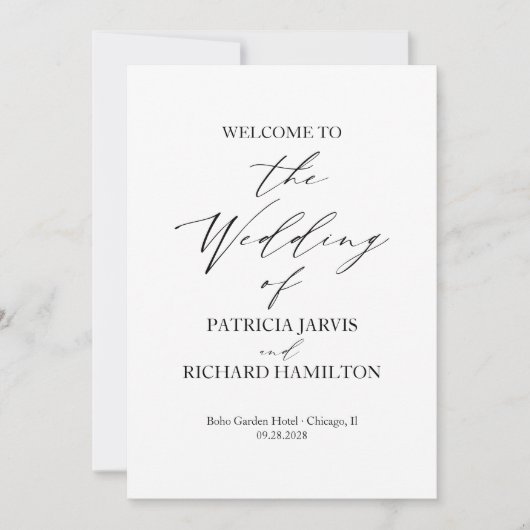 Elegant minimalistisch zwart-wit bruiloft programm kaart (Voorkant)