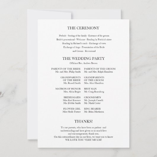 Elegant minimalistisch zwart-wit bruiloft programm kaart (Achterkant)