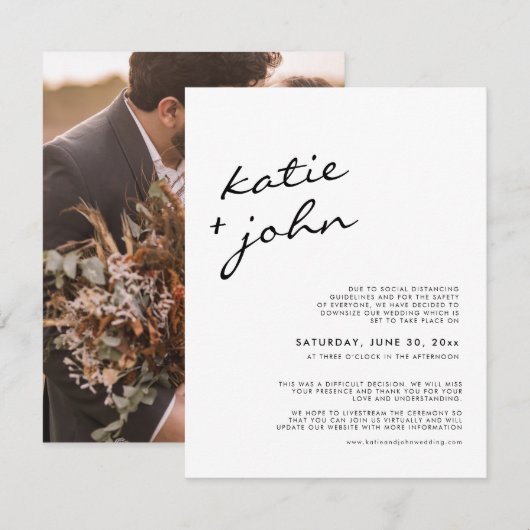 Elegant minimalistisch zwart wit neergeslagen huwe kaart (Voorkant / Achterkant)