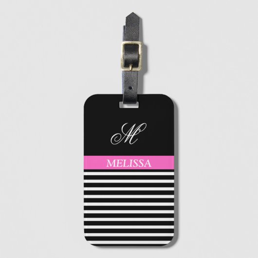 Elegant minimalistisch zwart-wit roze lint bagagelabel (Voorkant (verticaal))