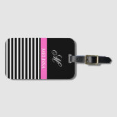 Elegant minimalistisch zwart-wit roze lint bagagelabel (Voorkant (horizontaal))