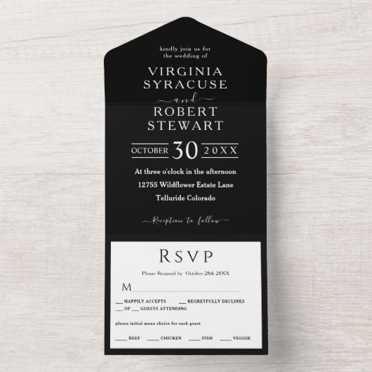 Elegant minimalistisch zwart-withuwelijk all in one uitnodiging (Binnen)