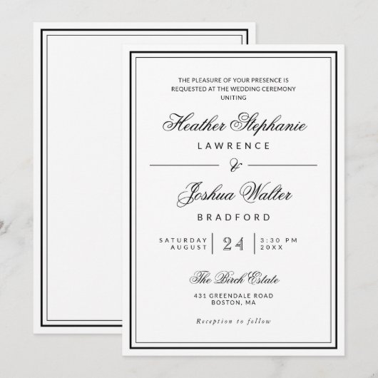 Elegant minimalistisch zwart withuwelijk kaart (Voorkant / Achterkant)